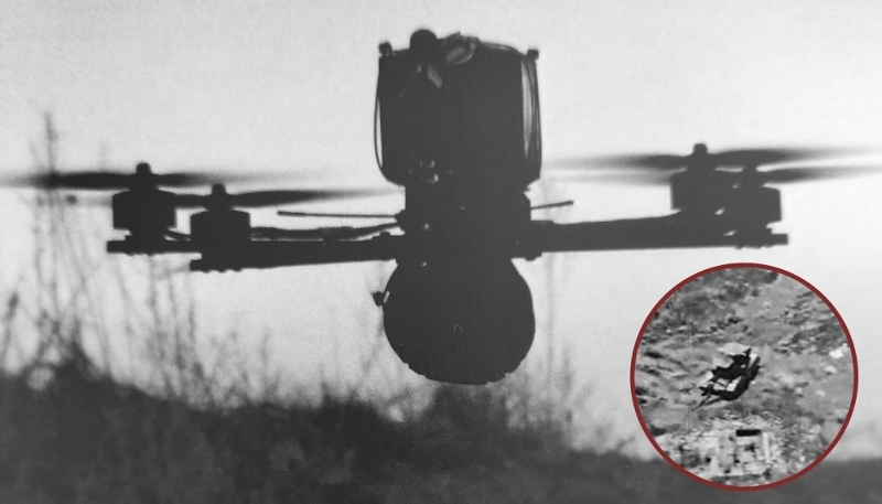 Le drone FPV Grungnir de Renegade UxS ApS, avec en vignette un char russe identifié par l'algorithme d'IA embarqué sur l'appareil.