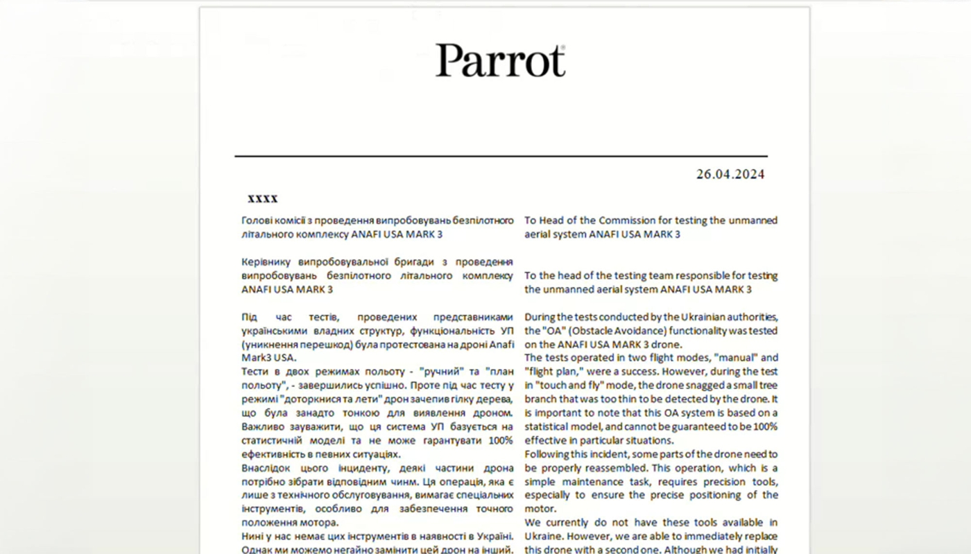 Document de Parrot en ukrainien et en anglais.