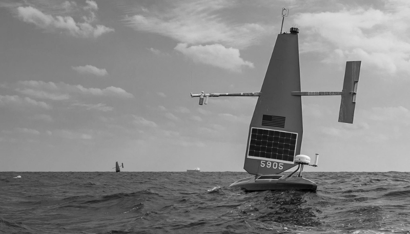 Deux drones Saildrone Explorer de l'US Navy lors de l'exercice Sentinel Shield dans le golfe Persique, le 8 janvier 2023, au large de Bahreïn.