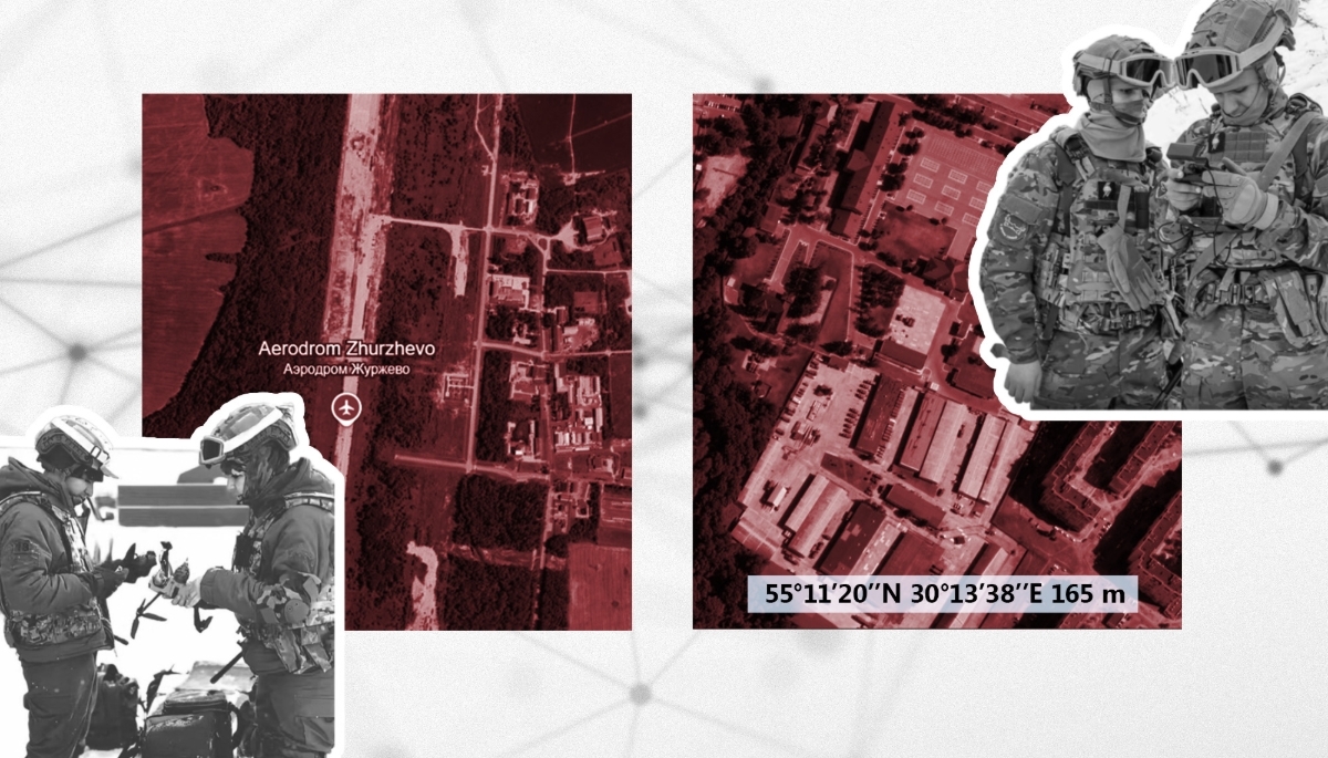 La base de la 103rd Separate Guards Airborne Brigade accueillant des stagiaires entraînés par Wagner à Vitebsk, en Biélorussie (à droite), et la base aérienne désaffectée de Zhurzhevo (à gauche) où se déroulent certains exercices. De part et d'autre, des stagiaires libyens, opérateurs de drones des forces spéciales s'entraînant au pilotage de drones FPV et de drones tactiques Autel Robotic Evo II.
