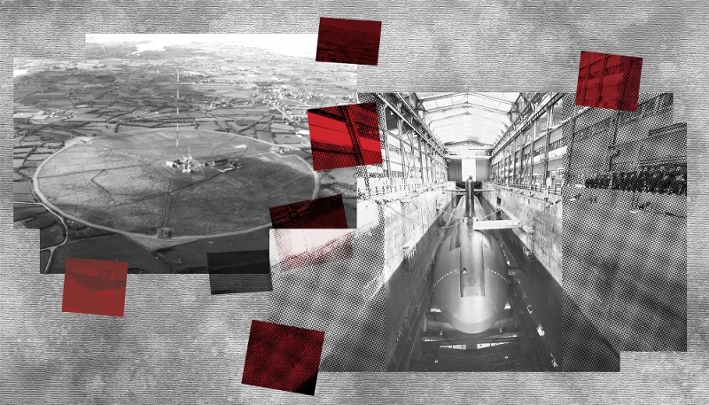 À gauche, le centre de transmissions de VLF (very low frequency) de Kerlouan (Finistère, France), site sensible de la Force océanique stratégique (FOST), pilier de la dissuasion nucléaire française. À droite, le sous-marin Le Téméraire à la base navale de l'île Longue à Crozon (Finistère), le 2 mars 2026.