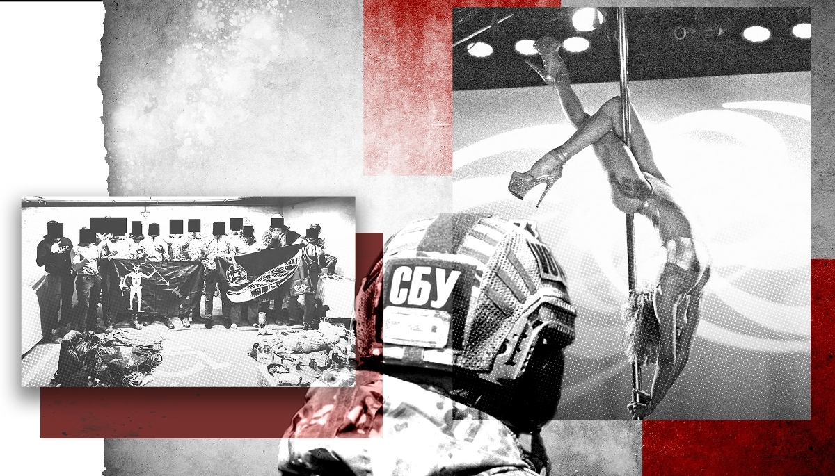 À droite, une stripteaseuse du Only. À gauche : contractors étrangers combattants au sein du GUR ukrainien arborant l'étendard du Forward Observation Group (FOG). Au centre : le symbole du SBU.