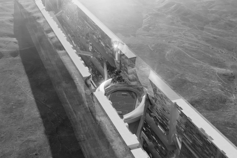 Vue d'artiste de Mirror Line, un gratte-ciel horizontal de 120 kilomètres prévu dans le cadre du projet Neom, au nord de l'Arabie saoudite.